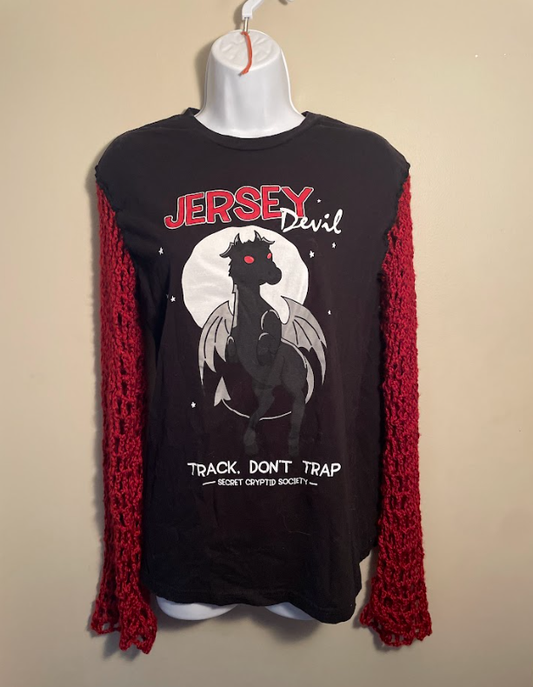 Cryptid Thrifted Jersey Devil Mesh Sleeve Upcycled Top Size Medium