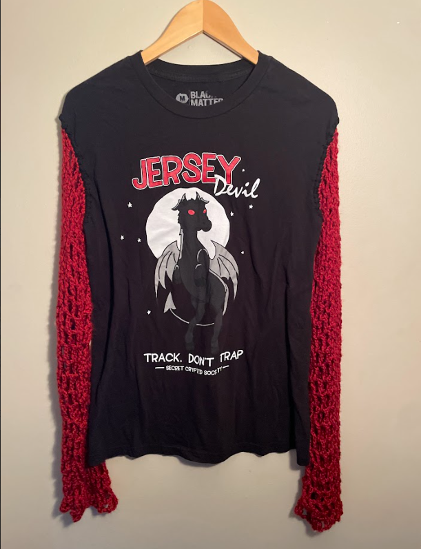 Cryptid Thrifted Jersey Devil Mesh Sleeve Upcycled Top Size Medium