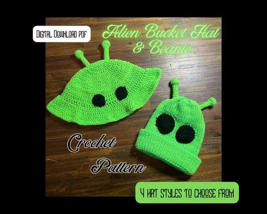 DIGITAL PDF DOWNLOAD* Crochet Pattern 4 in 1 Alien Bucket Hat and Beanie