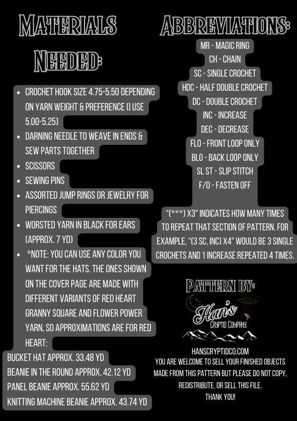 DIGITAL PDF DOWNLOAD* Crochet Pattern 4 in 1 Punk Kitty Pierced Ear Bucket Hat and Beanie