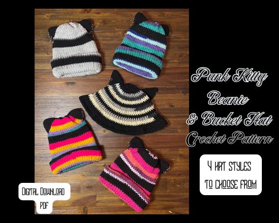 DIGITAL PDF DOWNLOAD* Crochet Pattern 4 in 1 Punk Kitty Pierced Ear Bucket Hat and Beanie