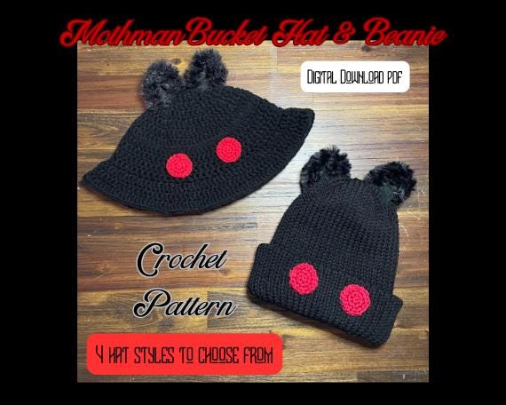 DIGITAL PDF DOWNLOAD* Crochet Pattern 4 in 1 Mothman Bucket Hat and Beanie