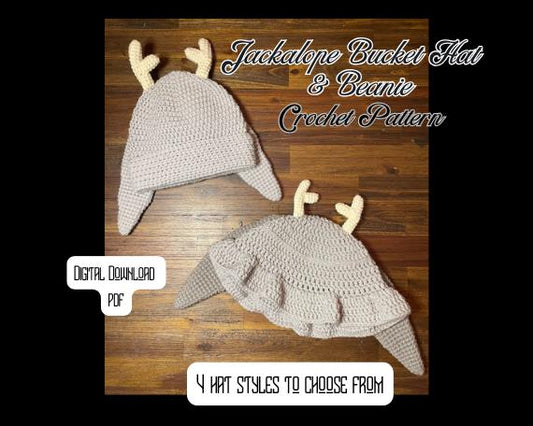 DIGITAL PDF DOWNLOAD* Crochet Pattern 4 in 1 Jackalope Bucket Hat and Beanie