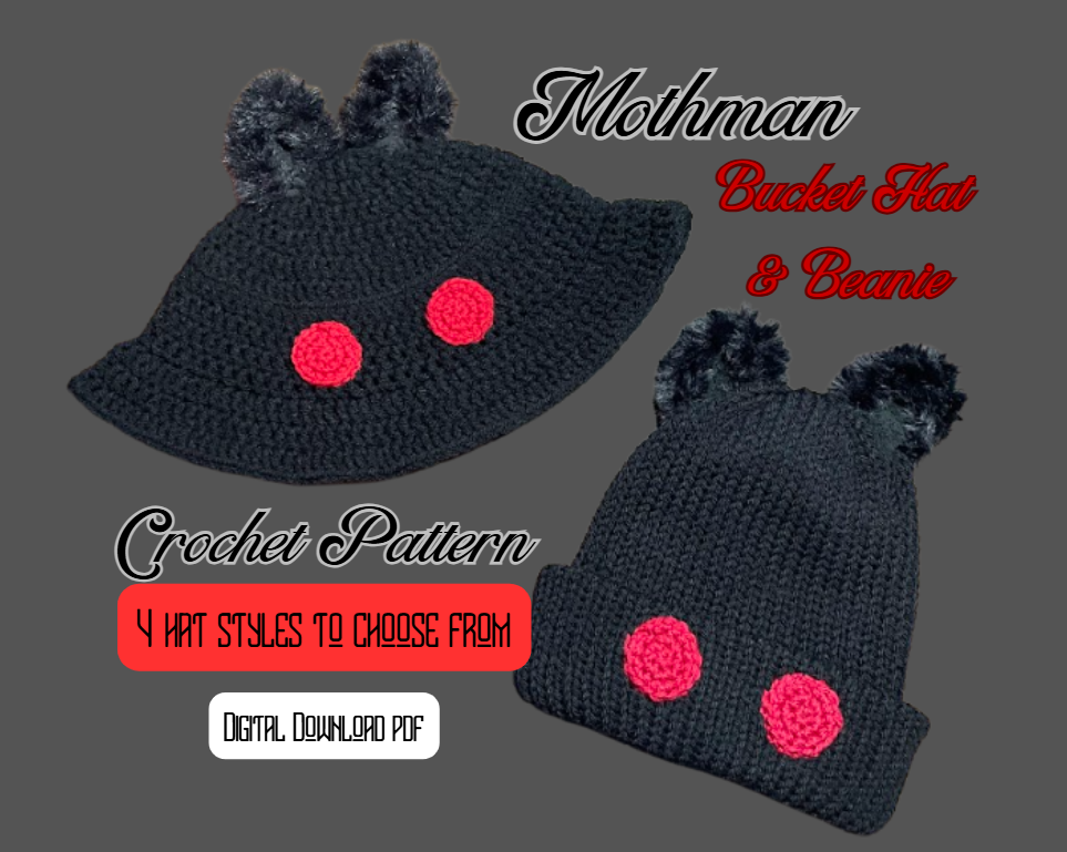 DIGITAL PDF DOWNLOAD* Crochet Pattern 4 in 1 Mothman Bucket Hat and Beanie