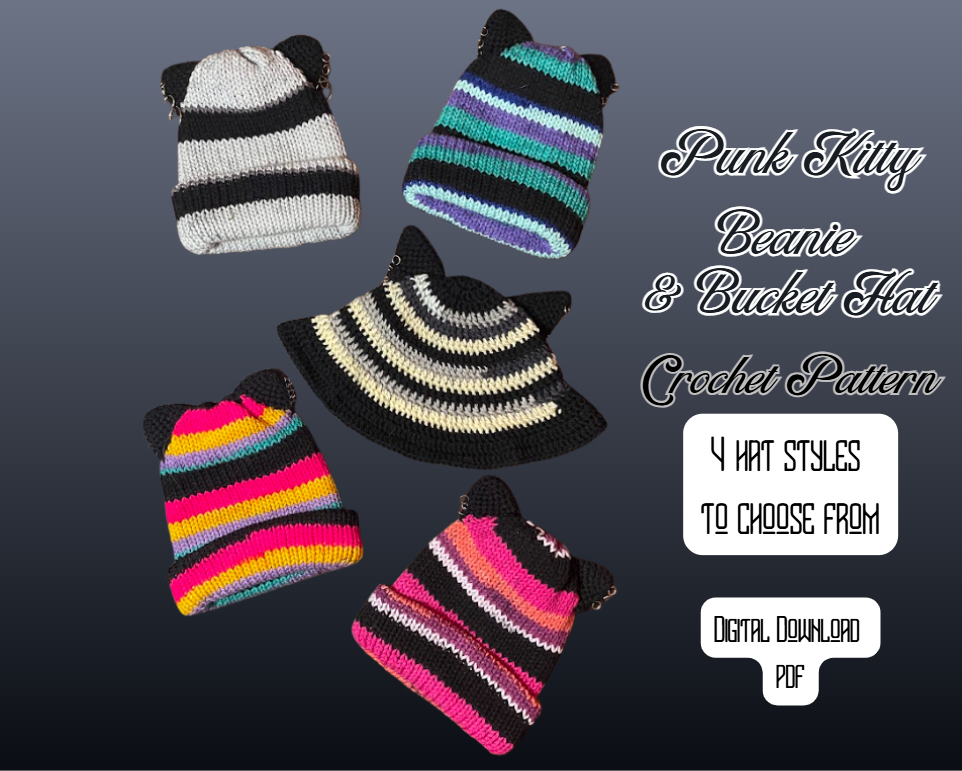DIGITAL PDF DOWNLOAD* Crochet Pattern 4 in 1 Punk Kitty Pierced Ear Bucket Hat and Beanie